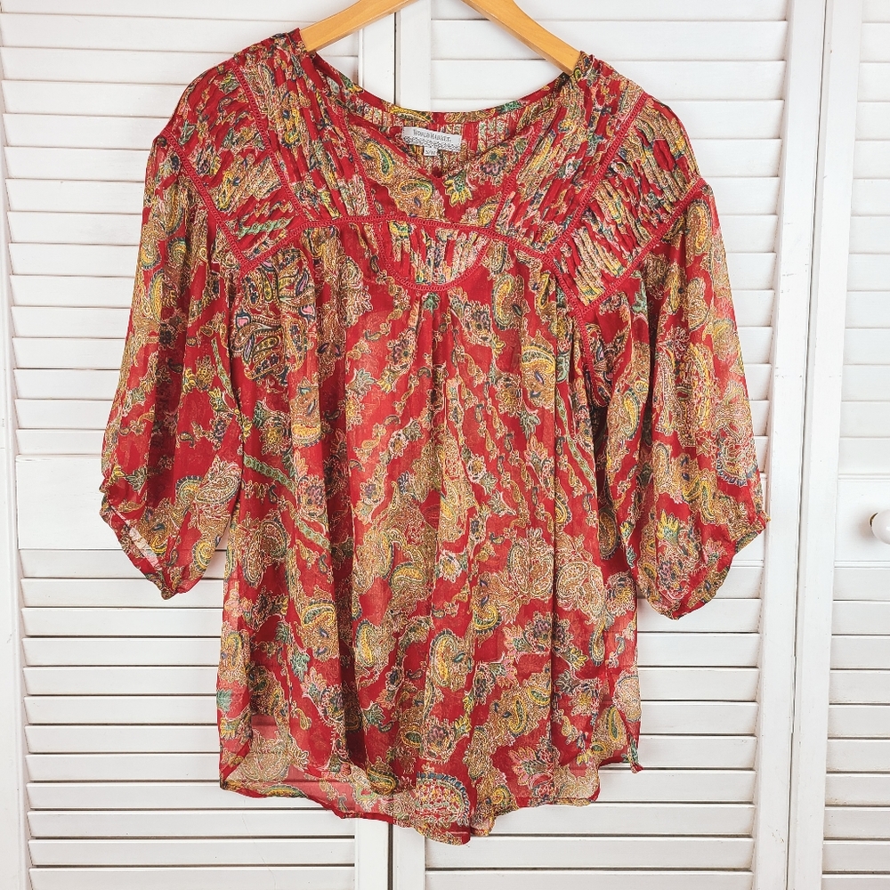 World Market Paisley Red Flowy Chiffion Blouse Top